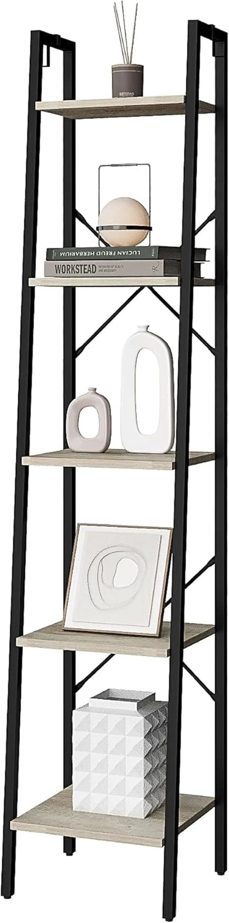 Greige 5 Tier Ladder Shelf Bookcase Freestanding Corner from PriceLows™