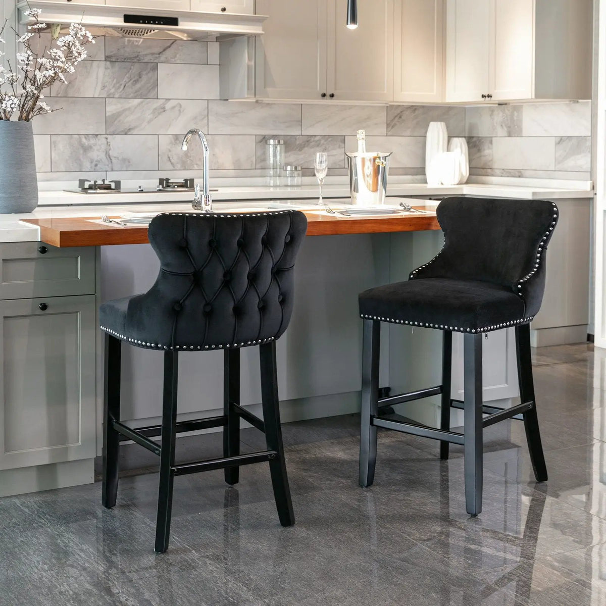 Wing-Back Barstools | Button Tufted Decoration | Wooden Legs With Nailhead Trim | Contemporary Upholstery