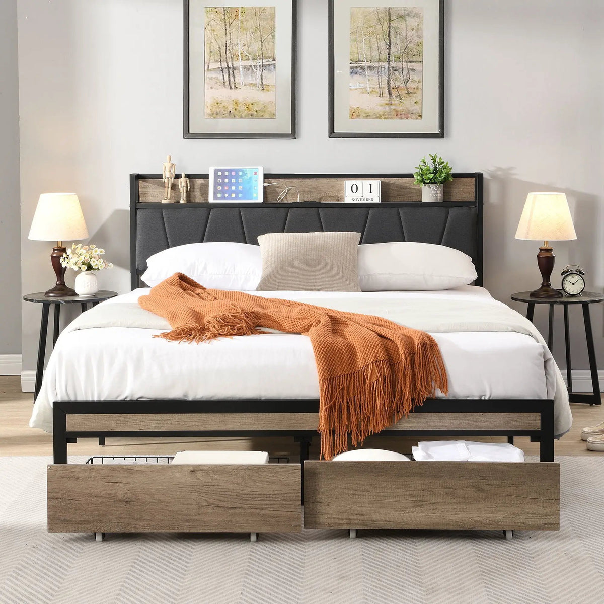 Modern Storage Bed Frame | LED Lights With Remote | Upholstered Headboard | USB Charging Station