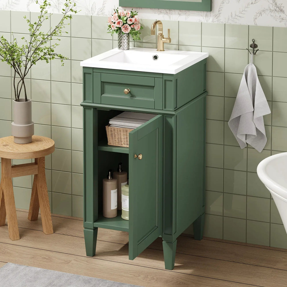 French Style Bathroom Vanity | Integrated Ceramic Sink | Fluted Panels | Solid Wood Legs