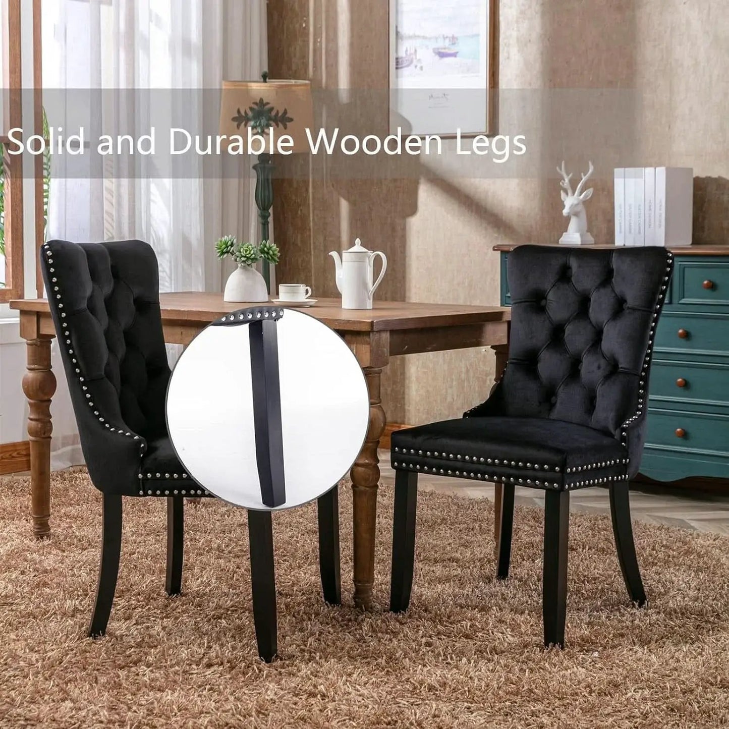 Black Velvet Dining Chairs Set of 4 with Solid Wood Legs from PriceLows™