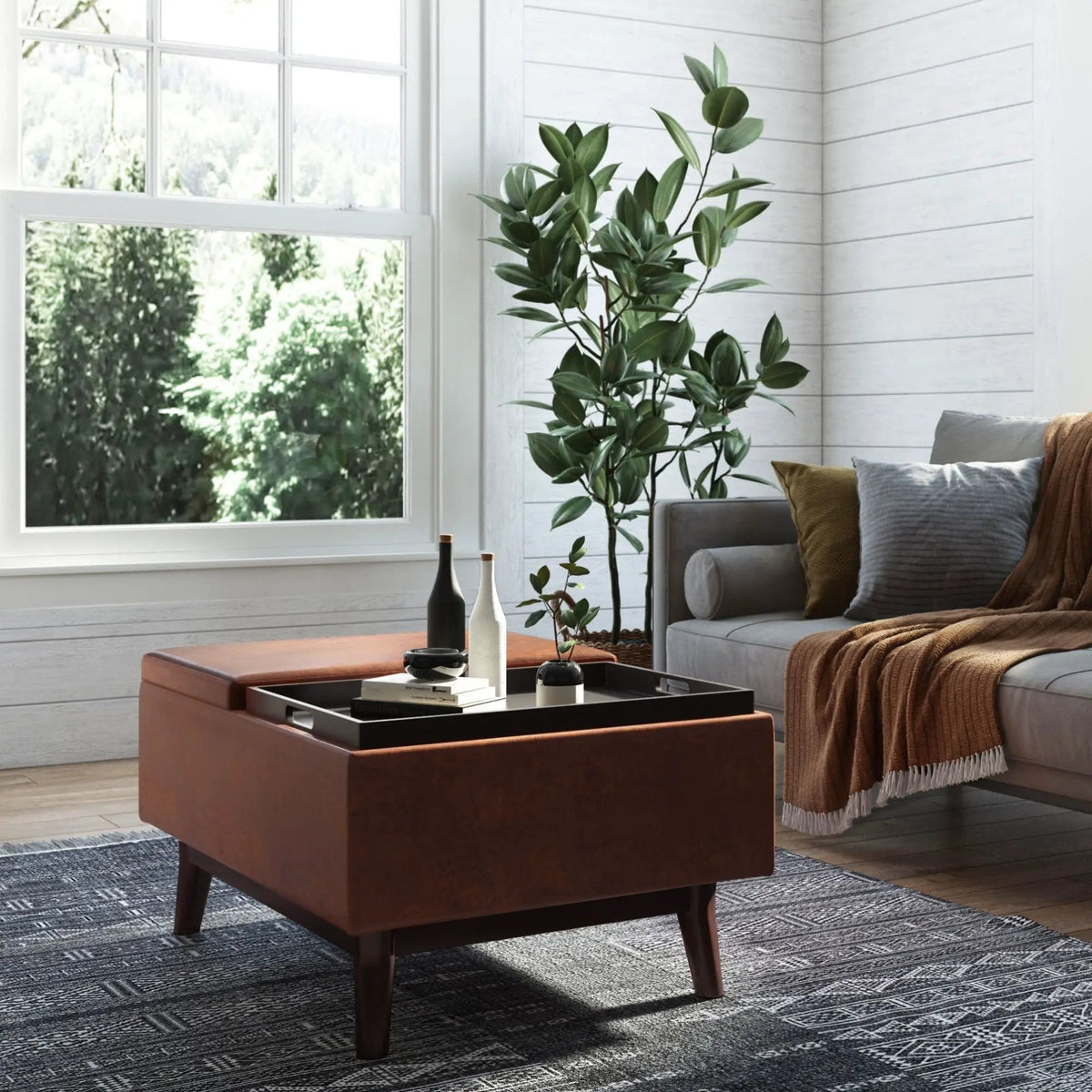 Owen Tray Top Coffee Table Ottoman | Upholstered Storage | Two Flip Over Serving Trays | Small Size