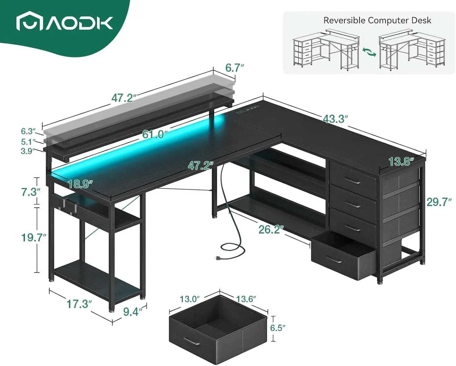 61 Inch L Shaped Desk With Power Outlets For Home Office from PriceLows™