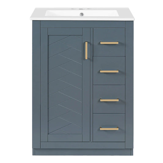 24 Inch Modern Bathroom Vanity | 1 Door 3 Drawers | Ceramic Sink | Compact Footprint