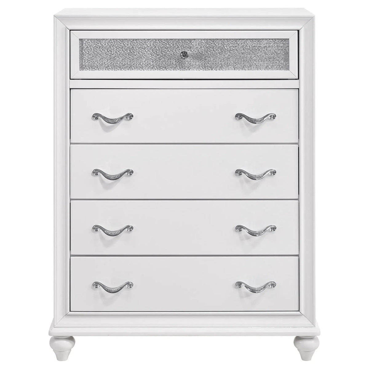 Barzini 5-drawer Bedroom Chest | 35.5 x 16.5 x 49.5 in | Crystal | White
