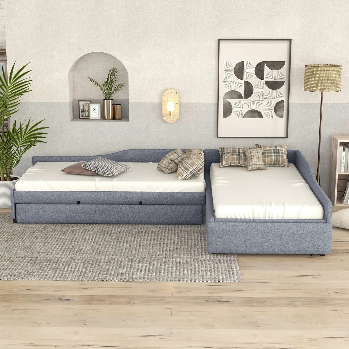 Upholstered Double Daybed | Trundle And Drawer | Two Twin Beds | 120 Inch Length