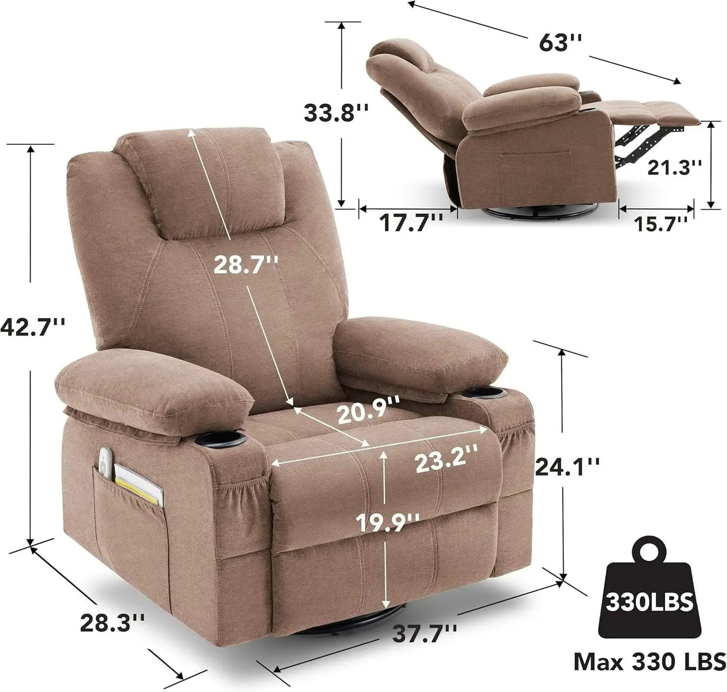 Oversized Swivel Rocker Recliner Chair With Heat Massage USB Port Brown Fabric from PriceLows™