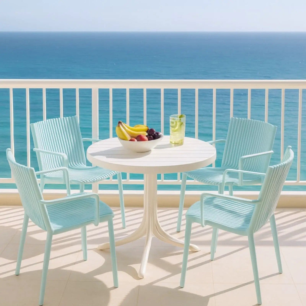 4 Modern Stackable Plastic Armchair Matched With Round Table 5 Piece Outdoor Set | 5 Piece Outdoor Set | Outdoor Living Furniture | Outdoor Living
