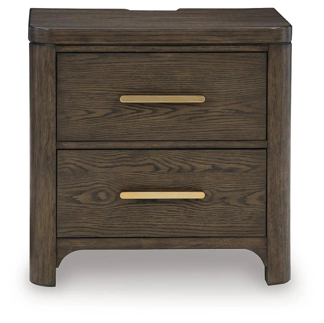 Radkin Two Drawer Nightstand | Charging | Burnished Brown | Lined Top Drawer