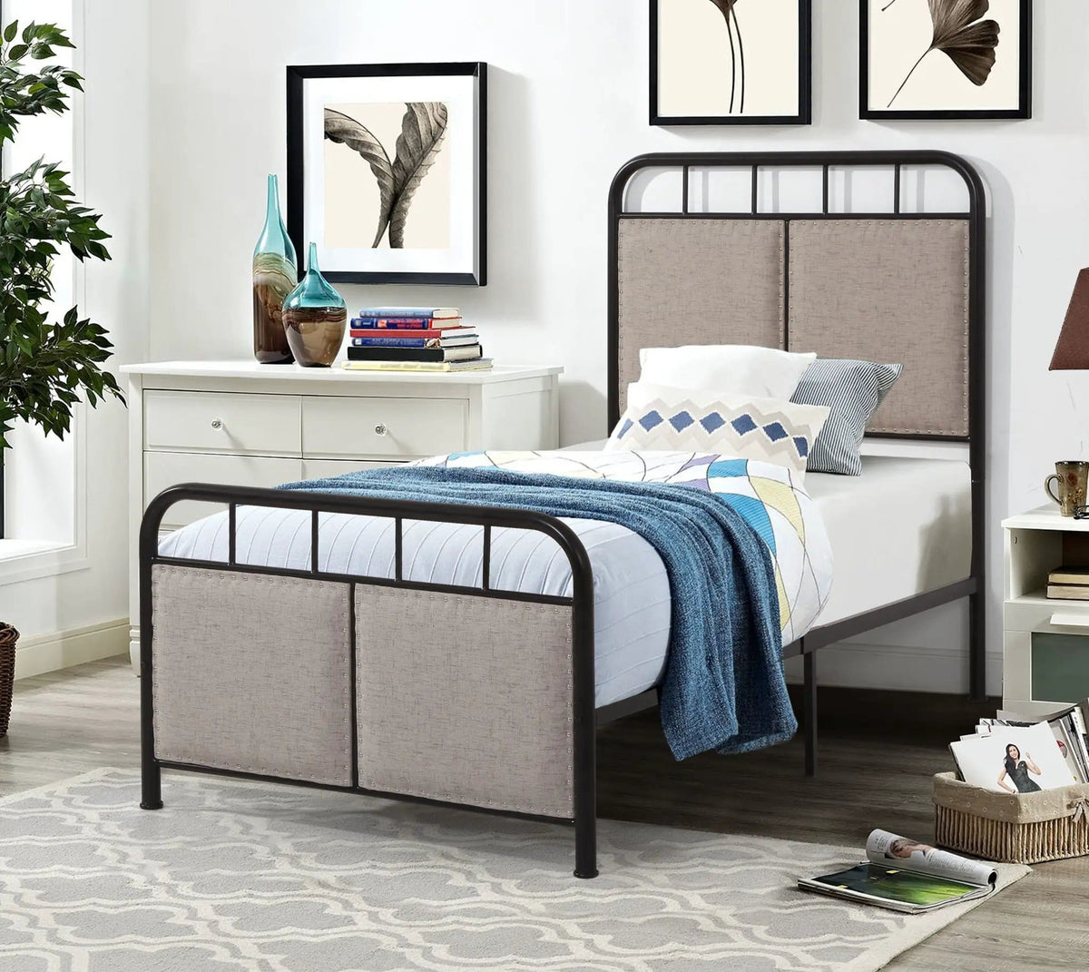 Twin Size Linen Upholstered Platform Metal Bed Frame With Fabric Headboard And | 77.5 x 41.25 x 53.75 in | Linen & Fabric | Brown
