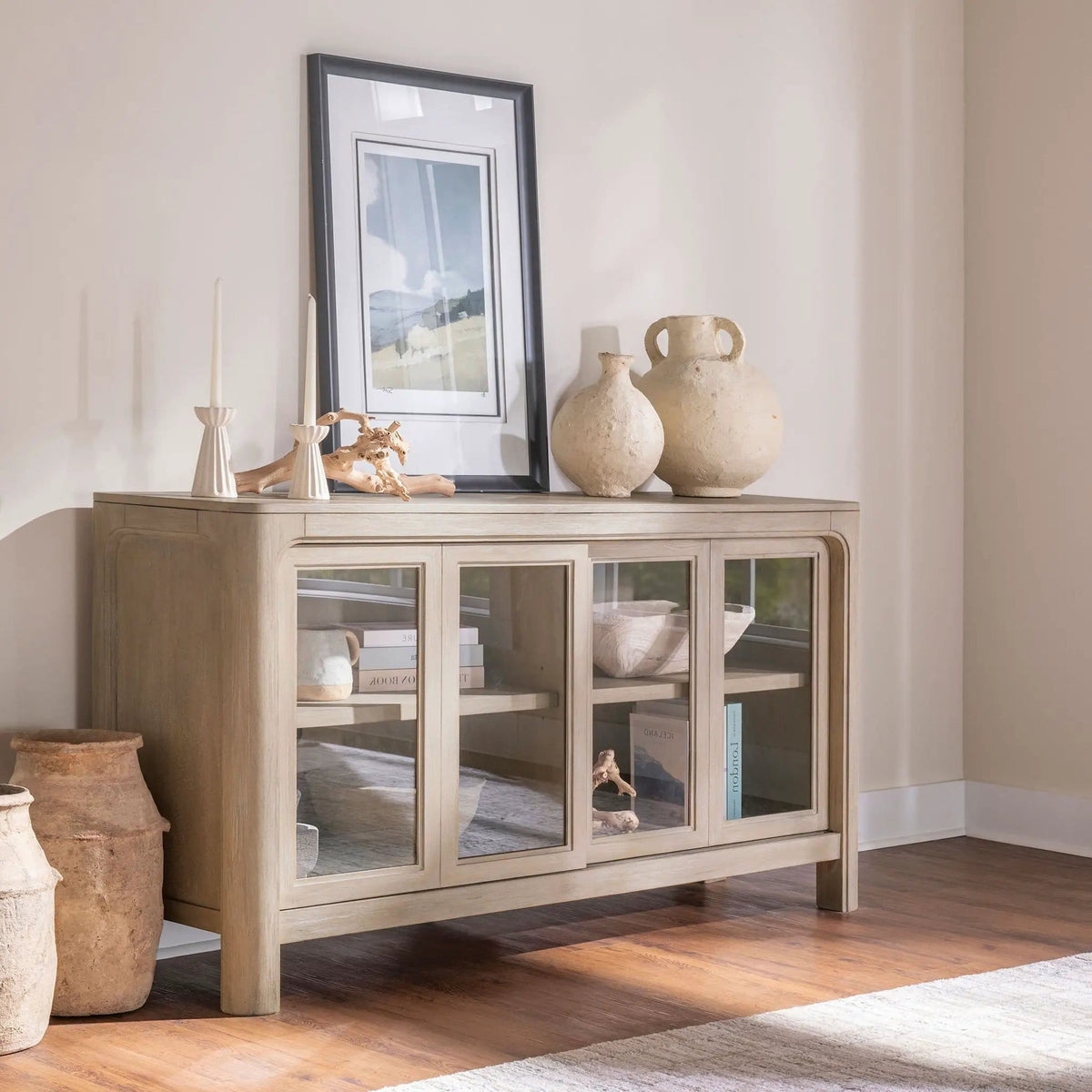 Solano Sliding Door Dining Sideboard Server Weathered Mango | 64 x 18 x 34.75 in | Engineered Wood & Glass | Dining Room