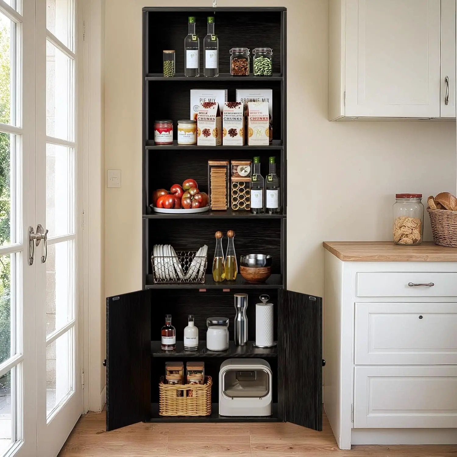 Industrial Bookshelf Cabinet With Doors Tall Black from PriceLows™