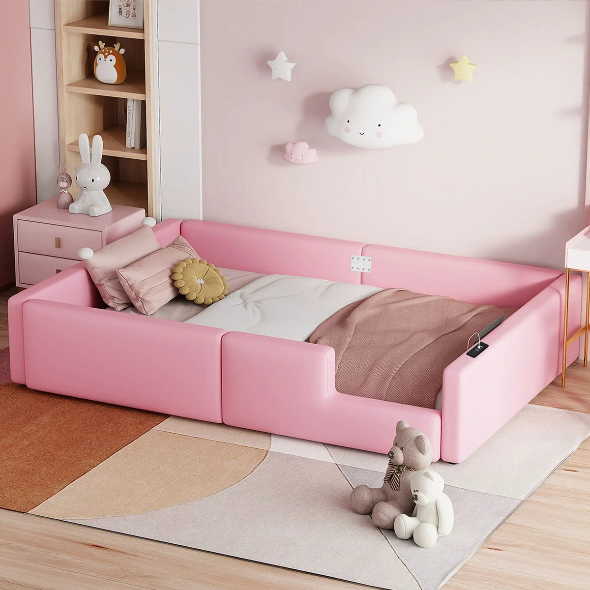 Platform Bed With Guardrail And Charging Station | 2 Pieces | Pine Wood | Bedroom