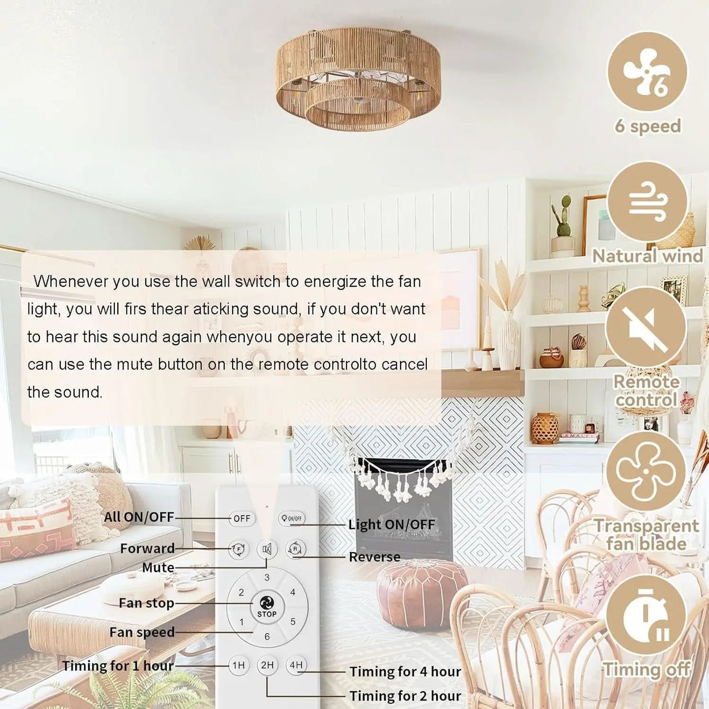 20 Inch Rattan Boho Ceiling Fan With Integrated LED Light from PriceLows™