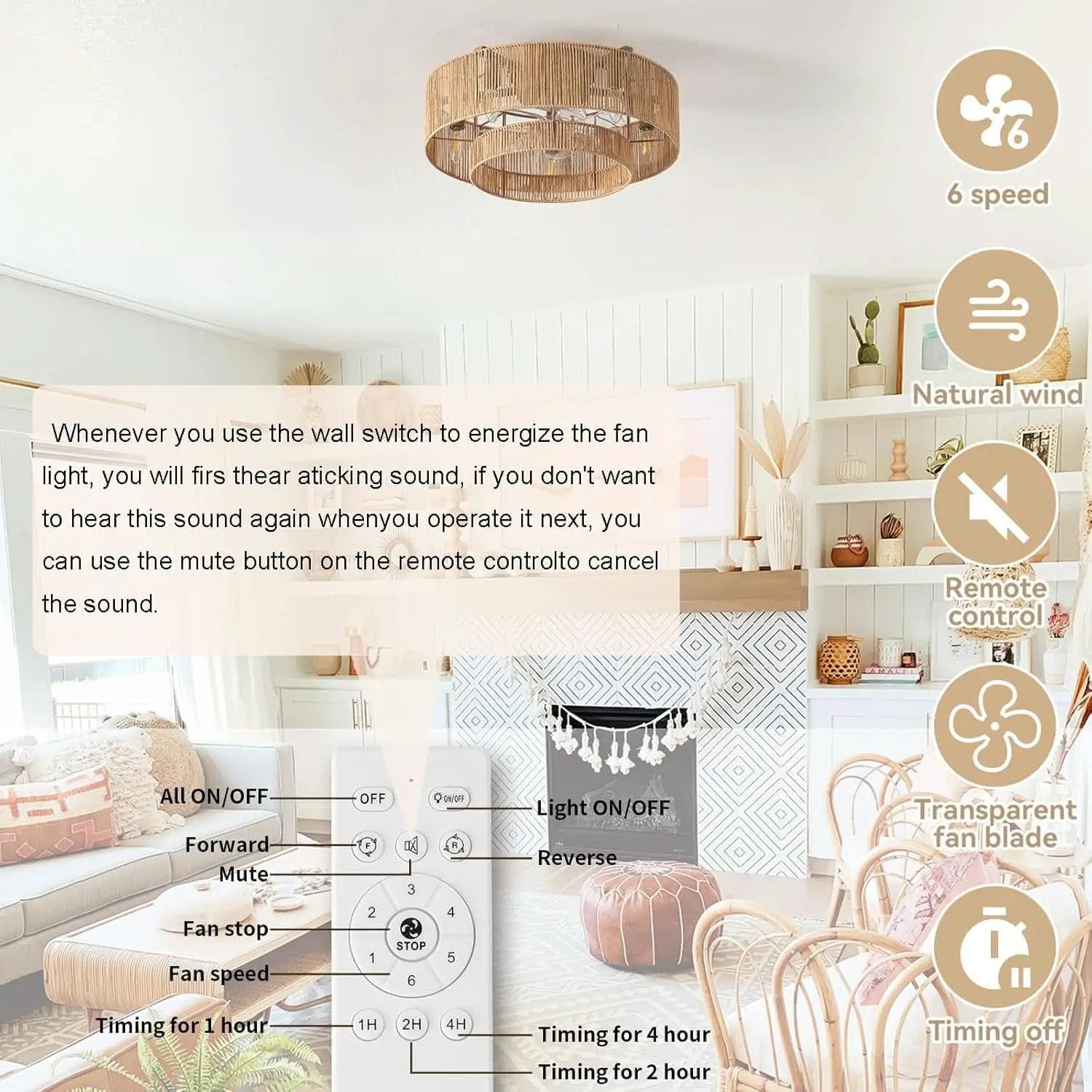 20 Inch Rattan Boho Ceiling Fan With Integrated LED Light from PriceLows™