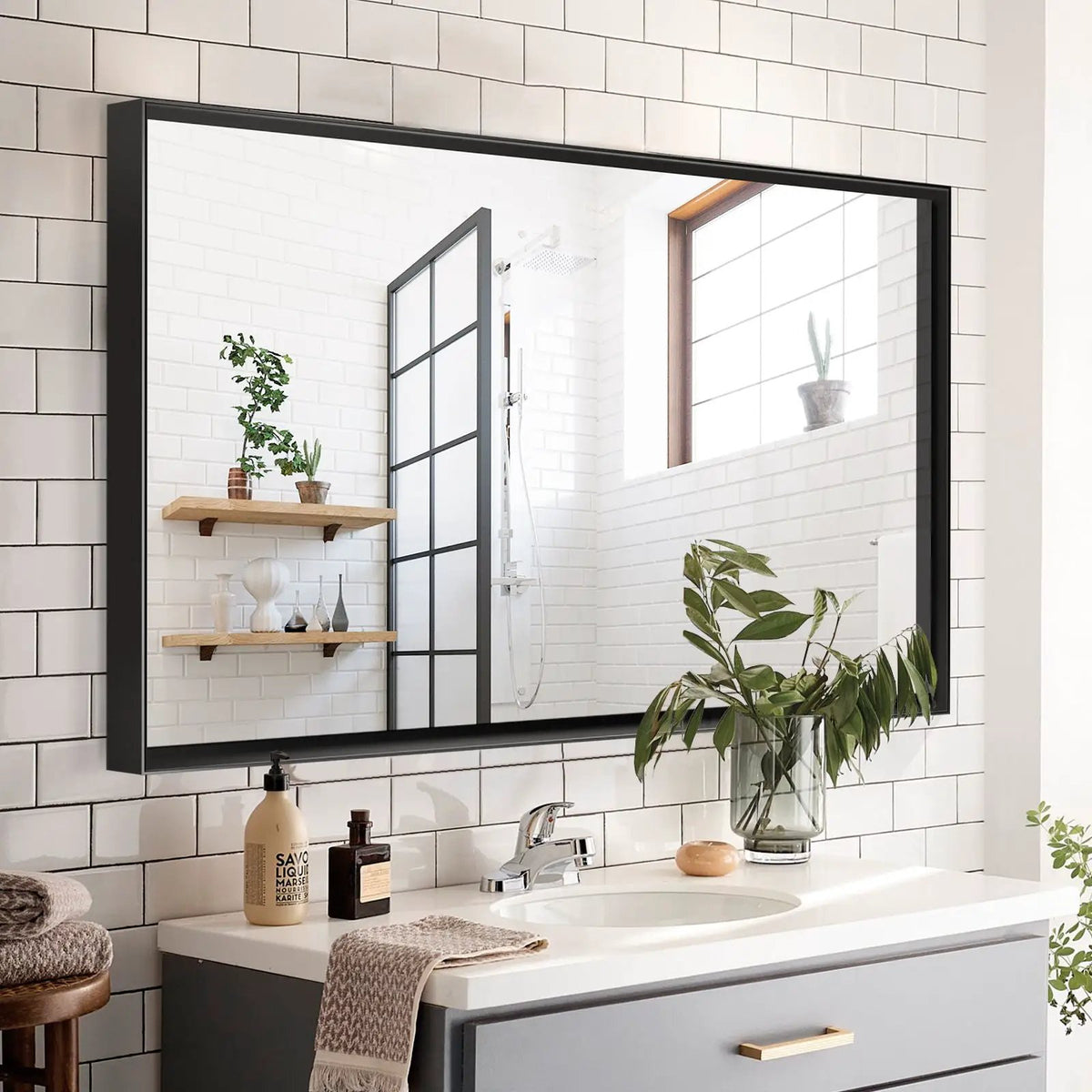 Rectangular Bathroom Mirror | Square Angle Metal Frame | Floating Glass Design | Beveled Edge