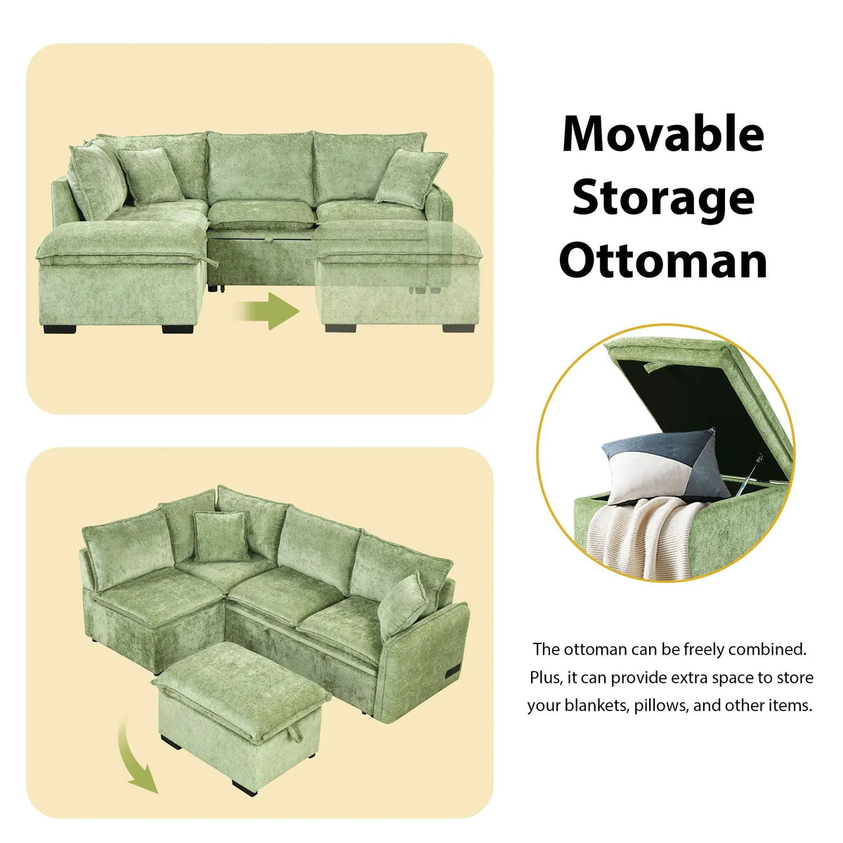 Convertible Sofa Bed | L Shaped Sectional | Storage Ottoman | Two USB Ports