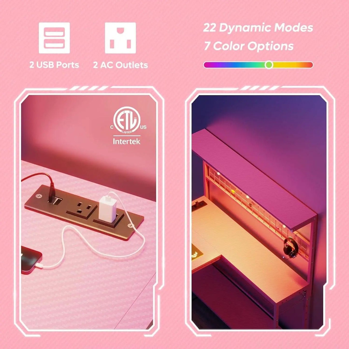 51 Inch L Shaped Gaming Desk Pink With Power Outlets And LED Lights from PriceLows™