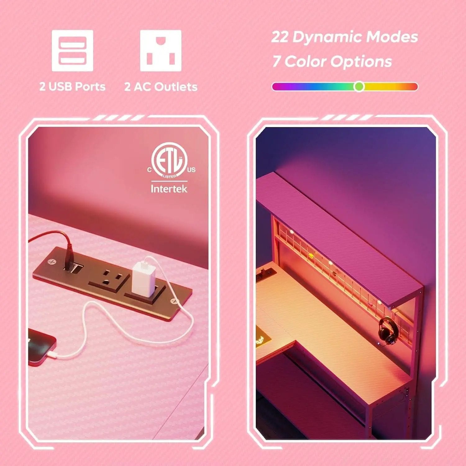 51 Inch L Shaped Gaming Desk Pink With Power Outlets And LED Lights from PriceLows™