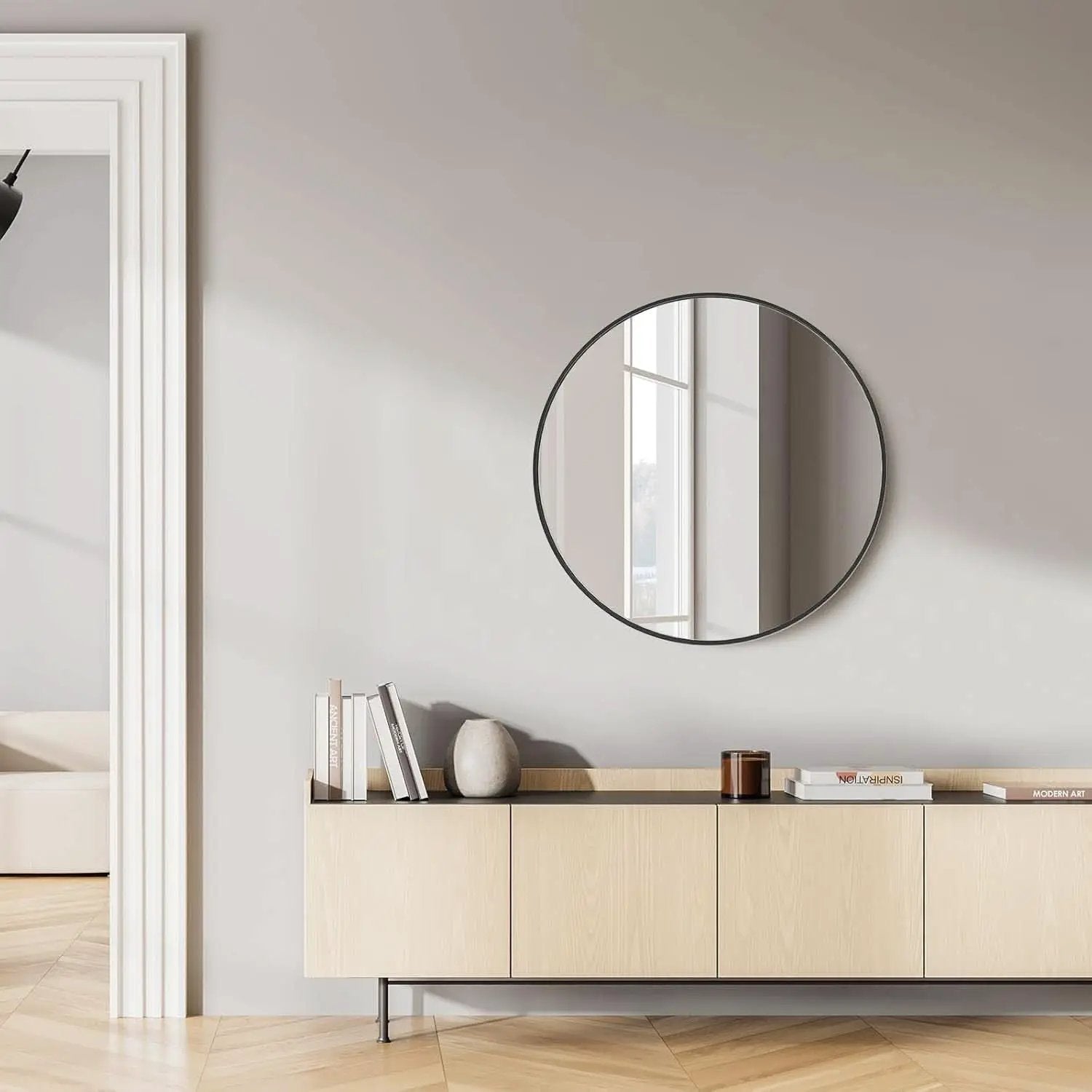 Black Round Wall Mirror 24 Inch Shatterproof Glass Bathroom from PriceLows™