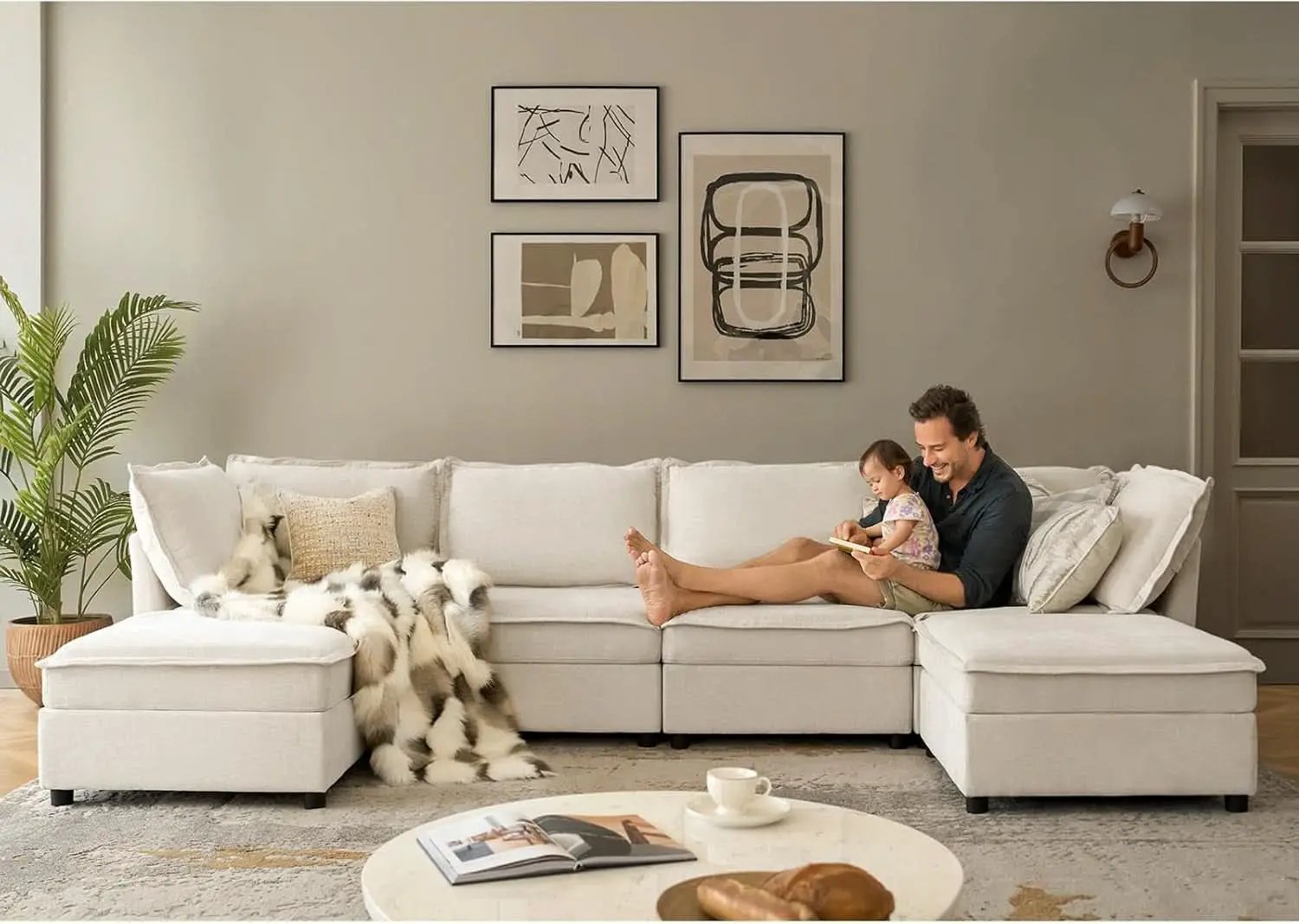 127 Inch Modular Sectional Sofa Beige with Storage Ottoman from PriceLows™