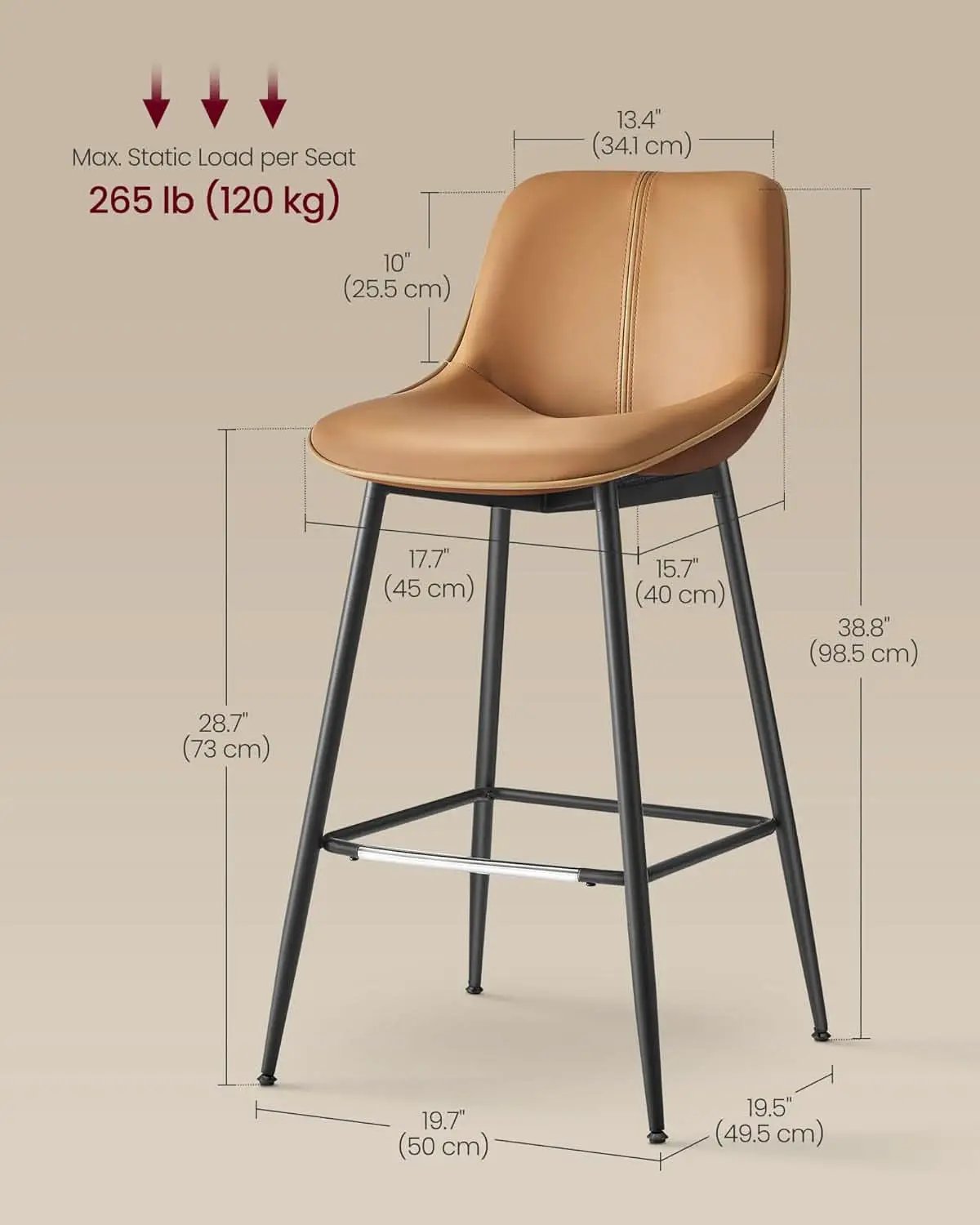 Bar Stool Set Of 2 Caramel Brown Ergonomic Backrest from PriceLows™
