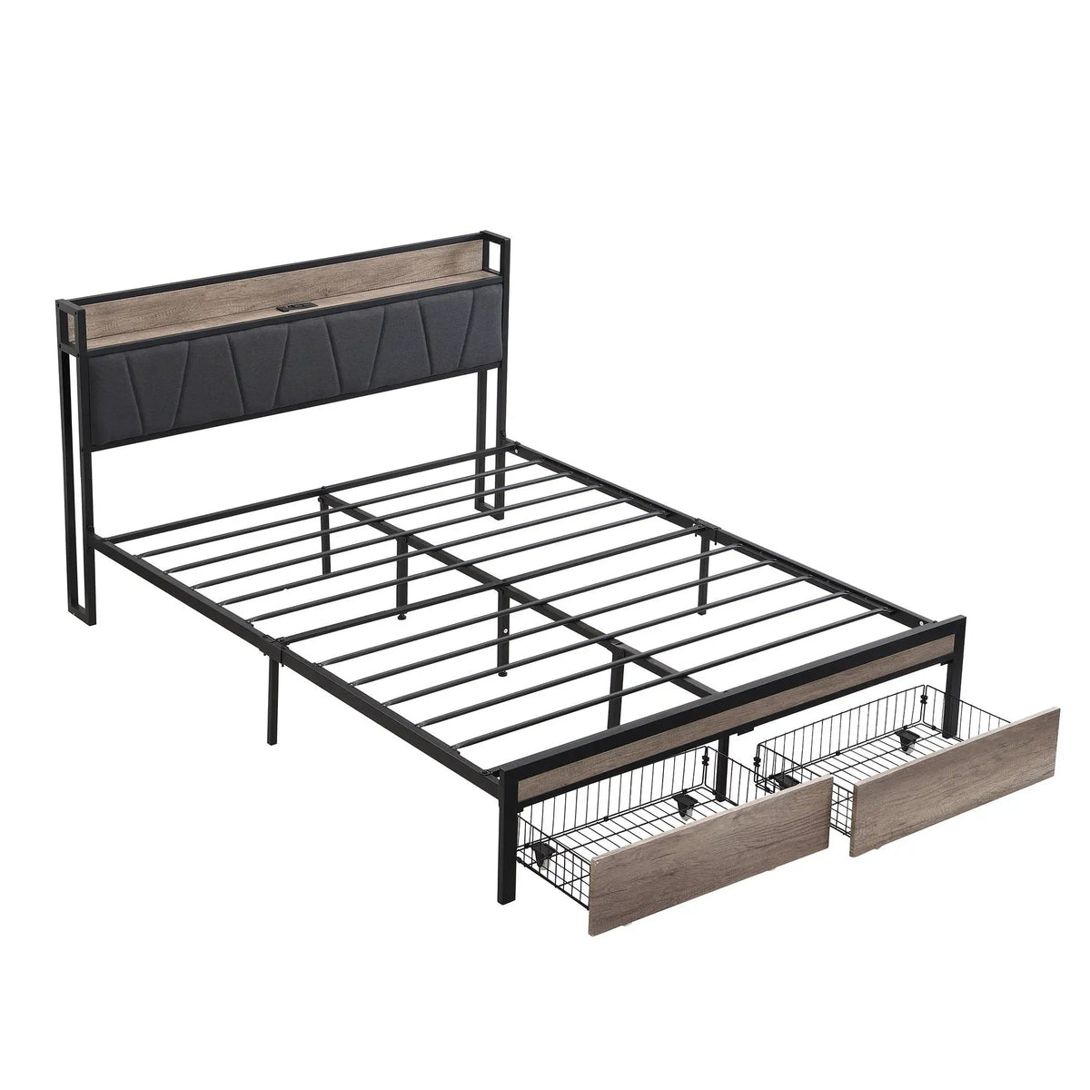 Modern Storage Bed Frame | LED Lights With Remote | Upholstered Headboard | USB Charging Station
