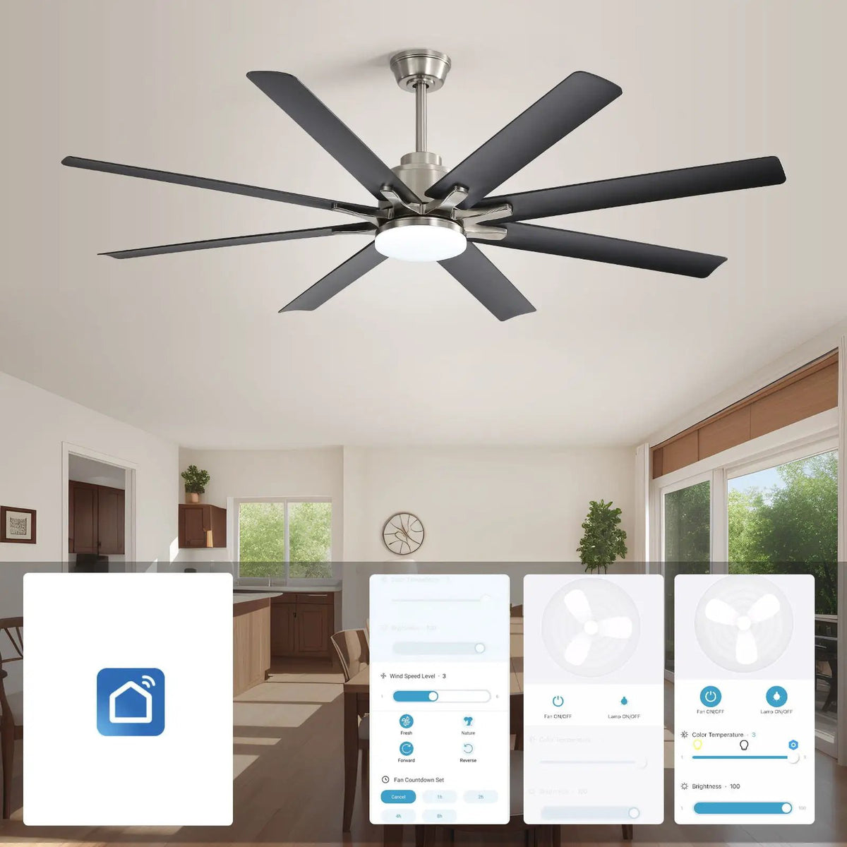 Ceiling Fan | 66 Inch | 8 Blade | Dimmable LED Light