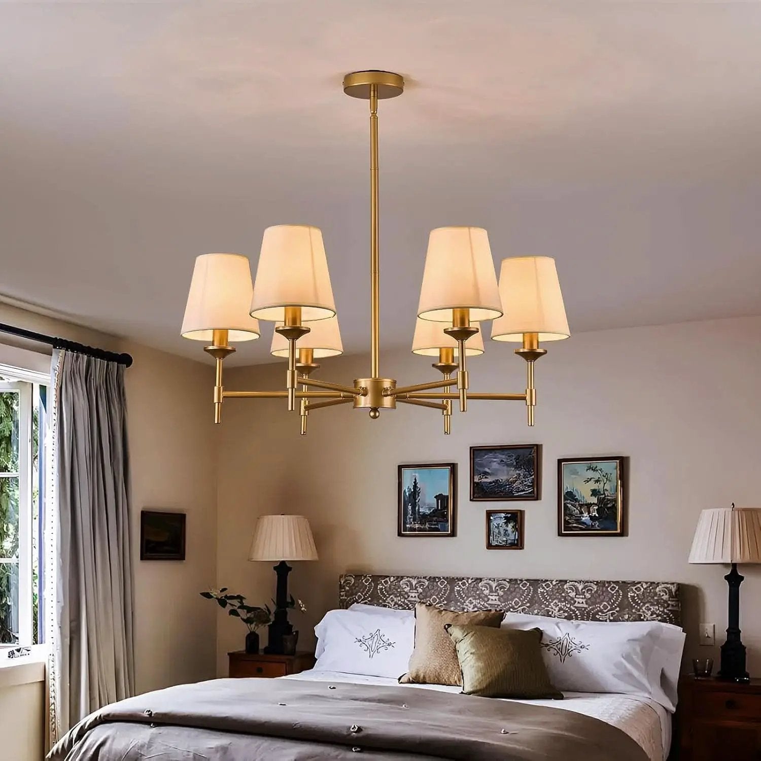 Gold Farmhouse Chandelier 6 Light Linen Shade Fixture from PriceLows™