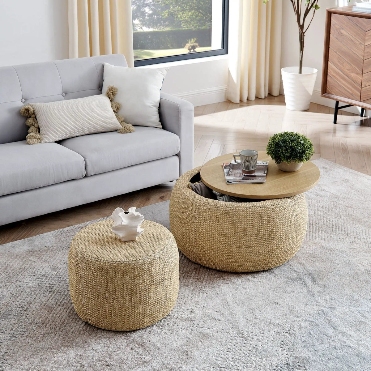 Round Storage Ottoman | Pleated Fabric | Removable Lid