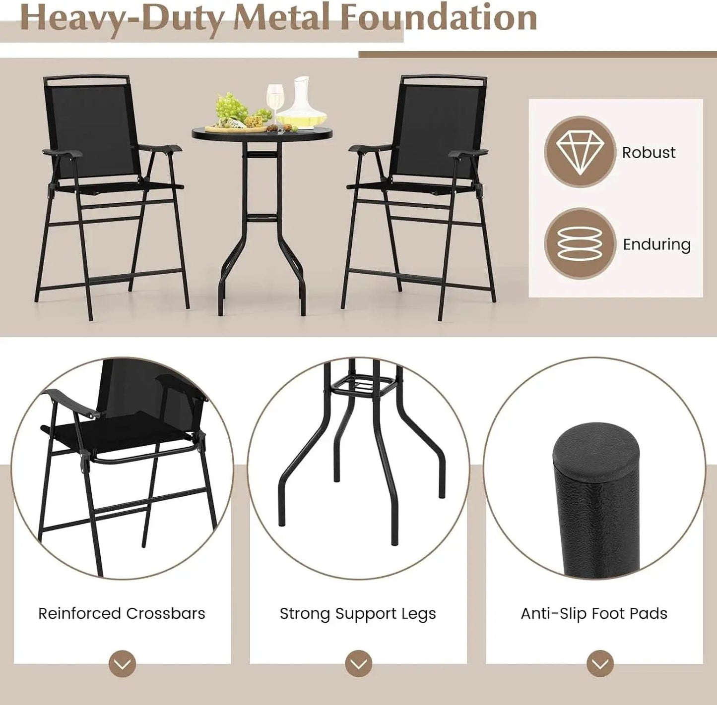 Patio Table And Chairs Set 3 Piece With DPC Tabletop And Folding Counter Height Chairs from PriceLows™
