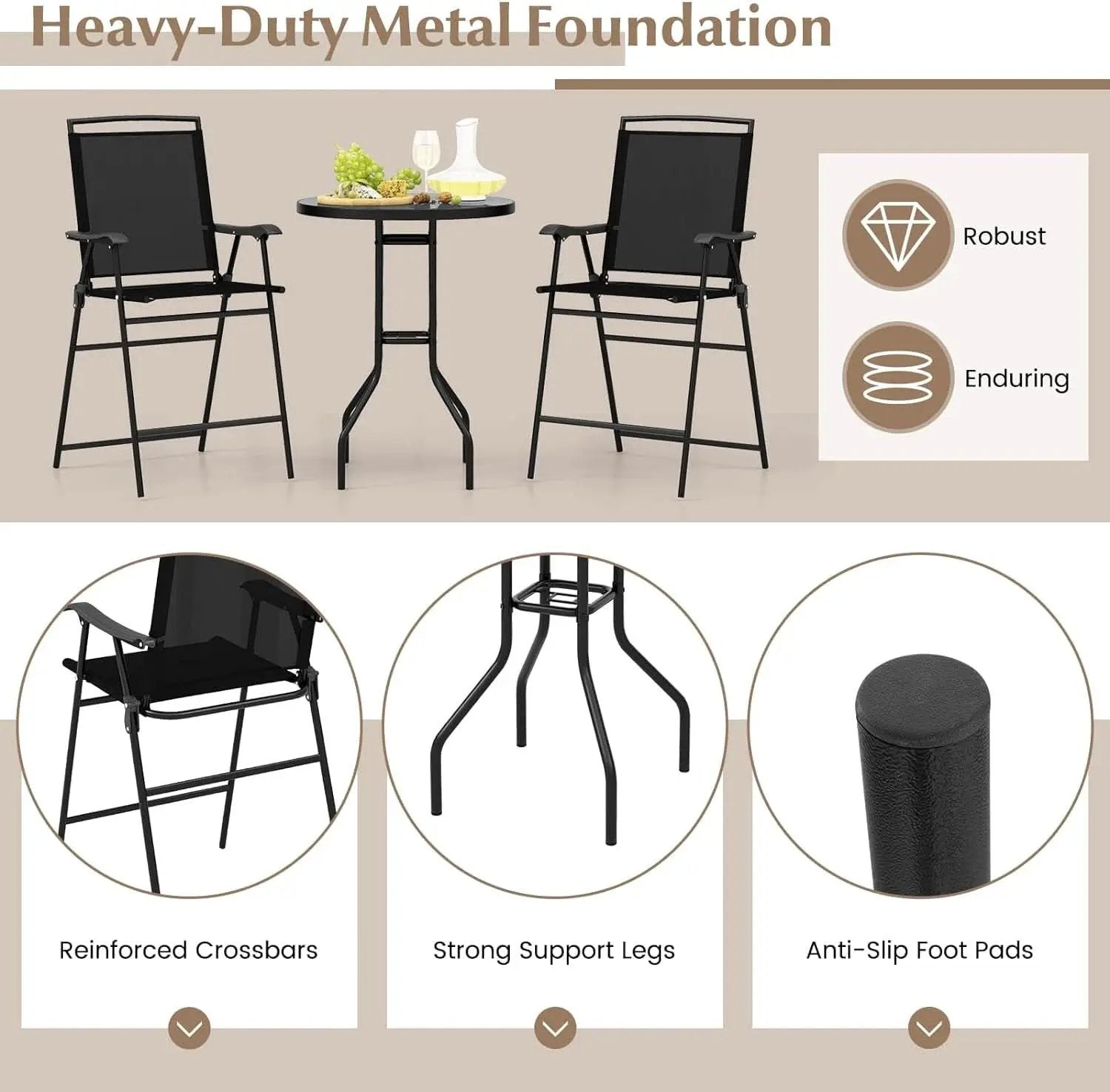 Patio Table And Chairs Set 3 Piece With DPC Tabletop And Folding Counter Height Chairs from PriceLows™