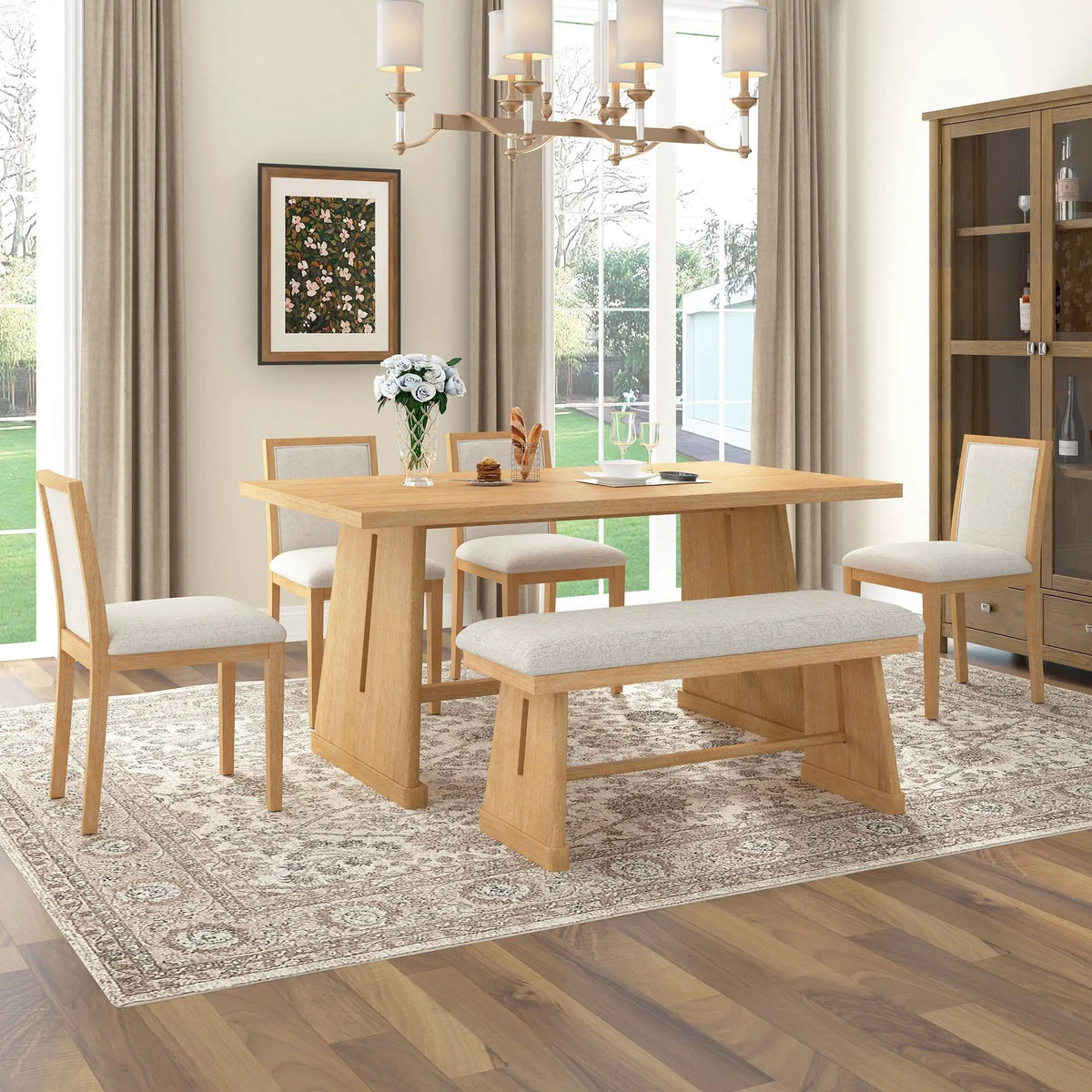 Dining Set | Rectangular Table | 4 Chairs 1 Bench | Seats 6