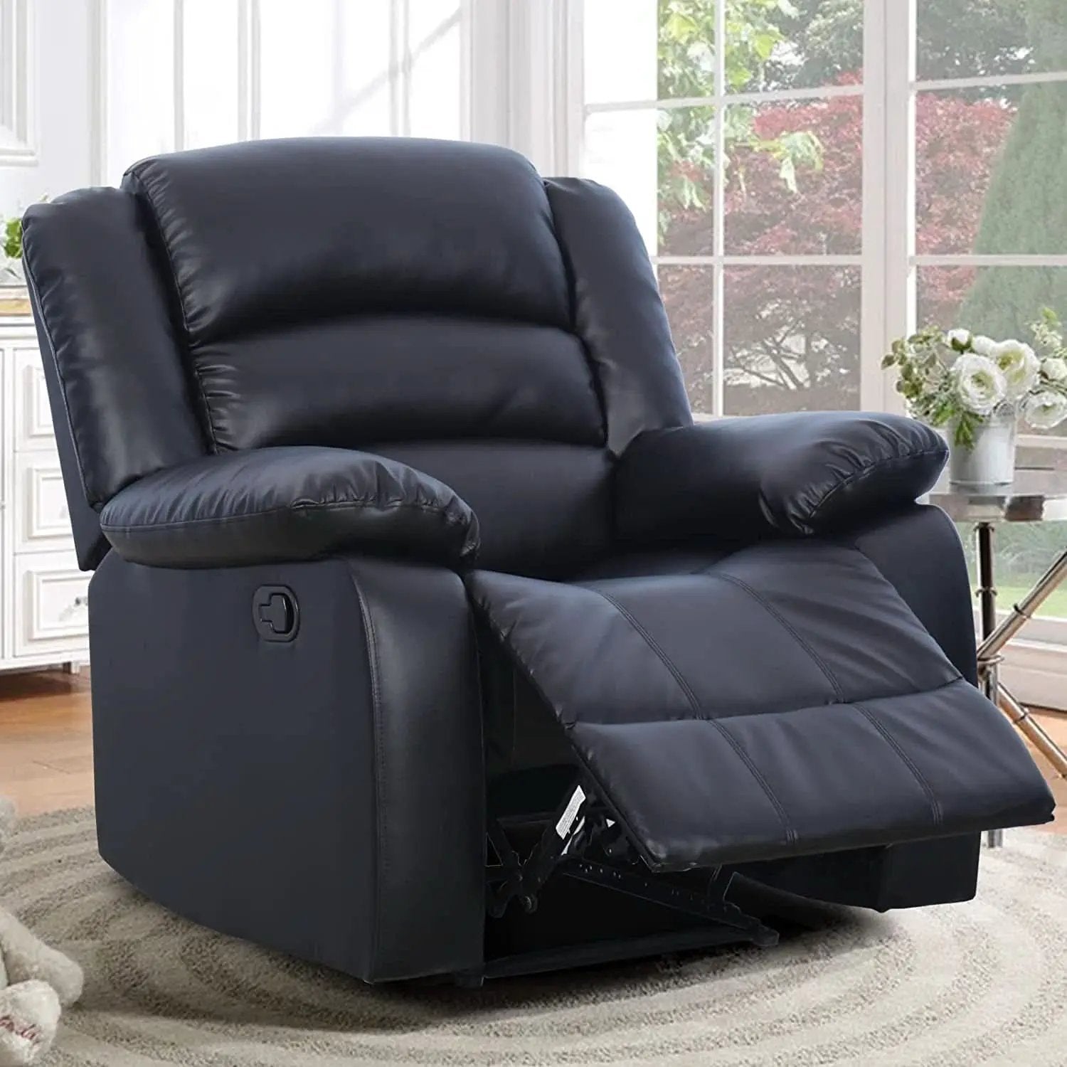 Black Bonded Leather Recliner With Overstuffed Arm And Back from PriceLows™
