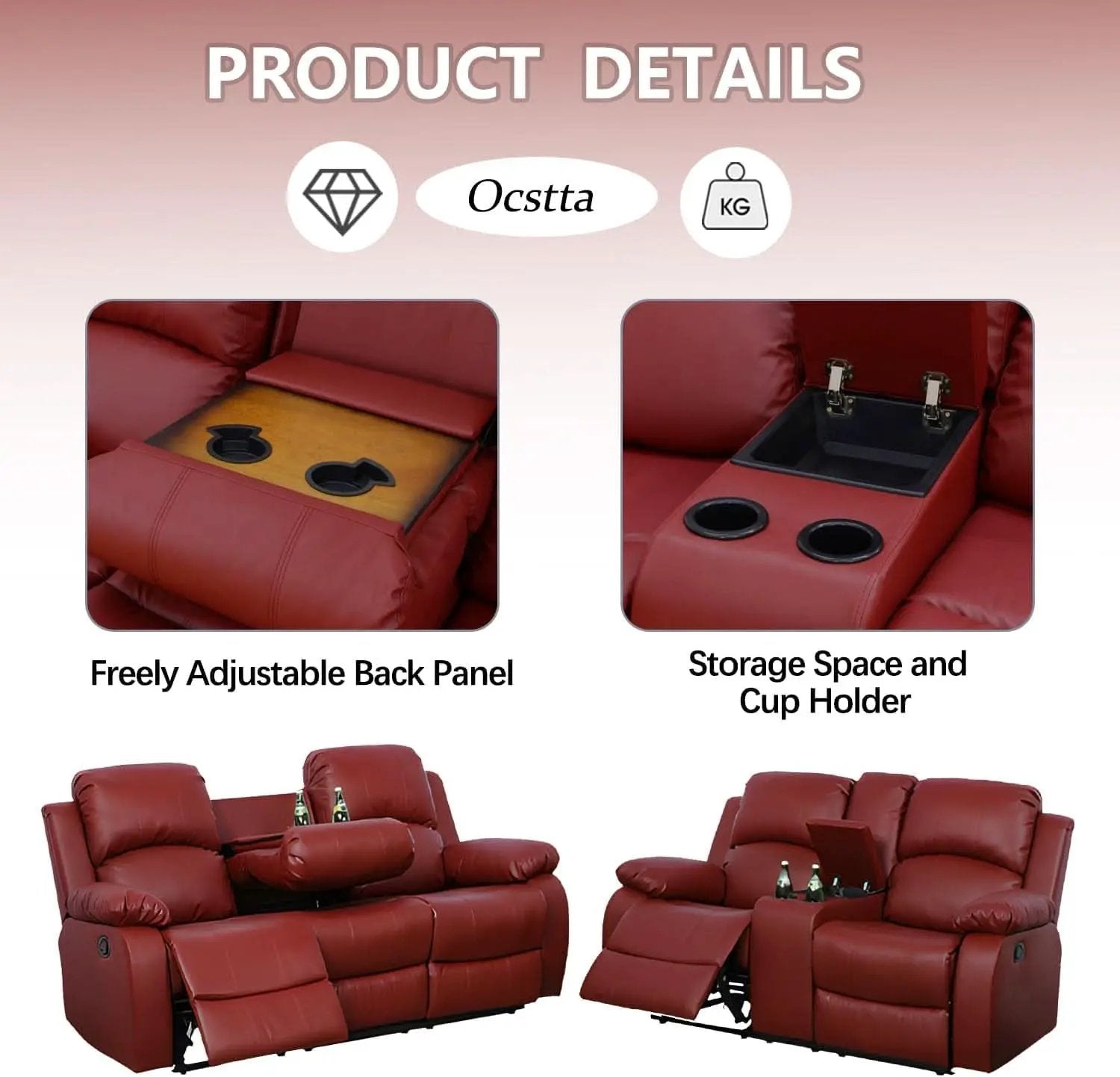 Leather Recliner Sofa Set 3 Piece For Living Room Red from PriceLows™