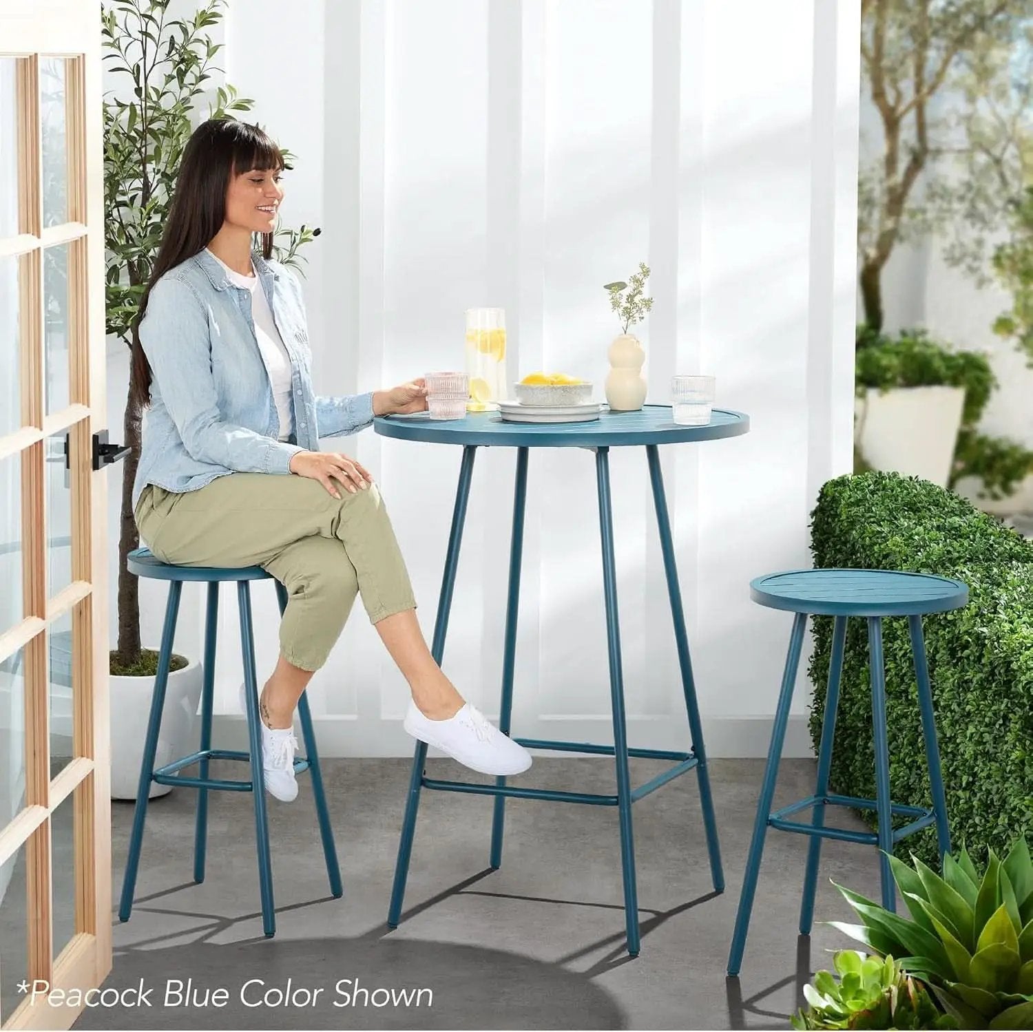 3 Piece Bar Height Patio Bistro Set Black Round Table With Backless Stools Patio Furniture Set from PriceLows™