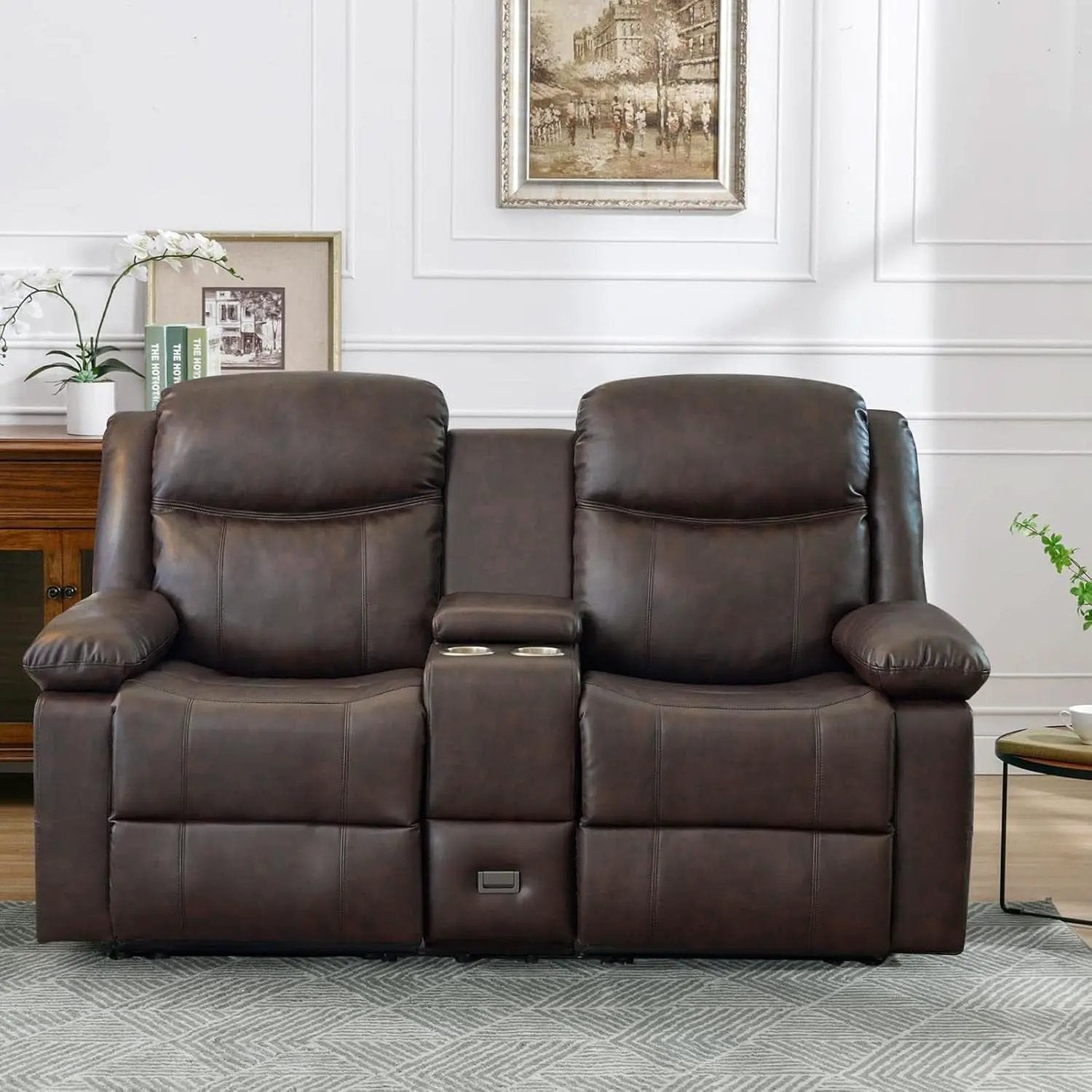 Brown PU Leather Two Seater Loveseat Recliner With Console And Double Reclining from PriceLows™