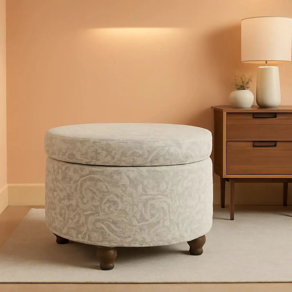 Gray Floral Storage Ottoman Large Round For Living Room from PriceLows™
