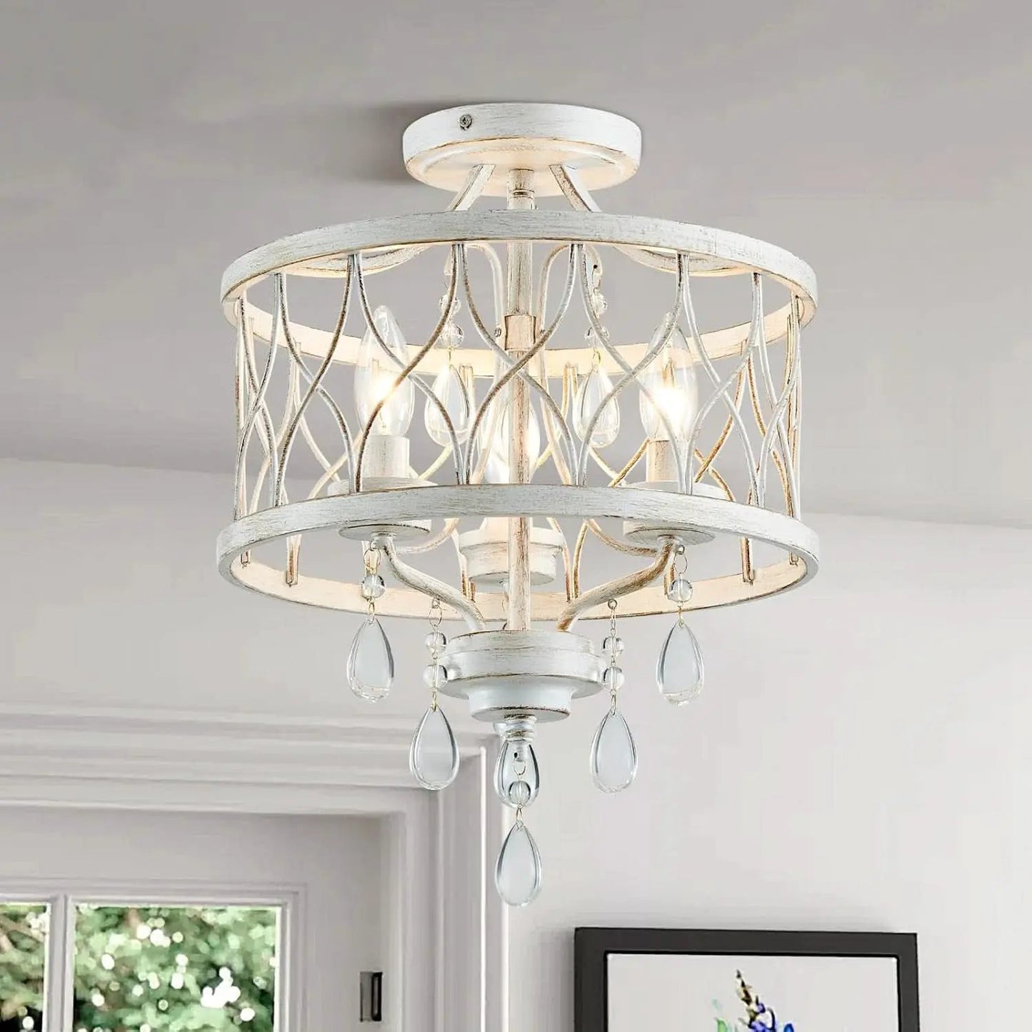 Farmhouse Crystal Ceiling Light Three Light White Fixture from PriceLows™