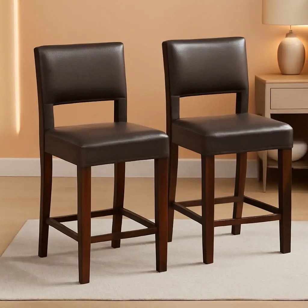 Counter Height Bar Stools Set Of Two, Twenty Four Point Five Inch, Brown Upholstered PVC Leather from PriceLows™