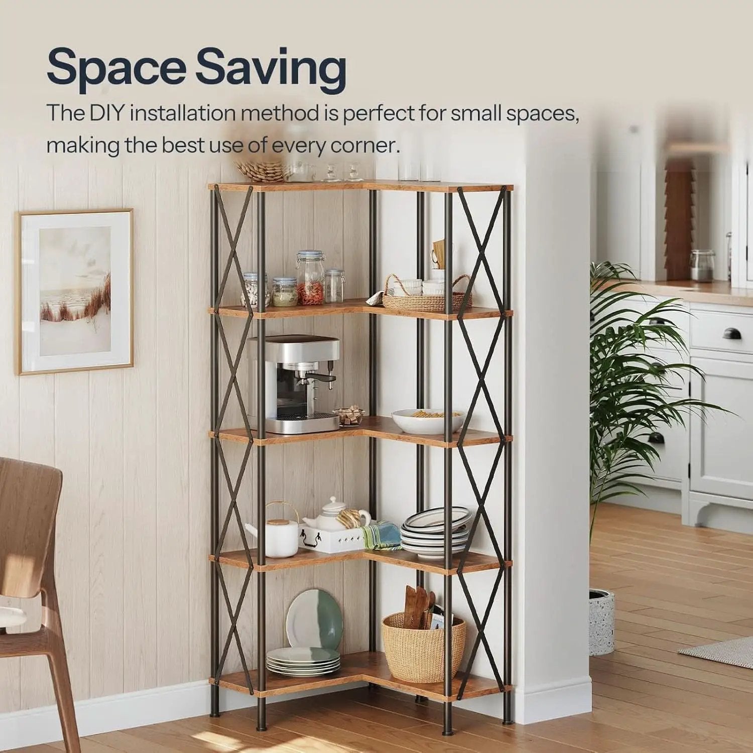 Corner Bookshelf 5-Tier L-Shaped Industrial Bookcase In Rustic Brown from PriceLows™