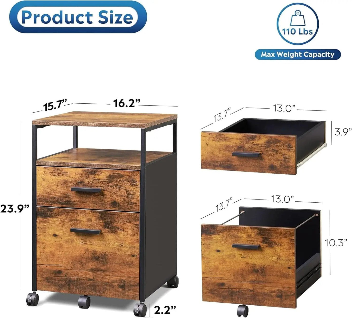 2 Drawer File Cabinet With Mobile Printer Stand Rustic Brown Wood Storage For A4 Or Letter Size Home Office from PriceLows™