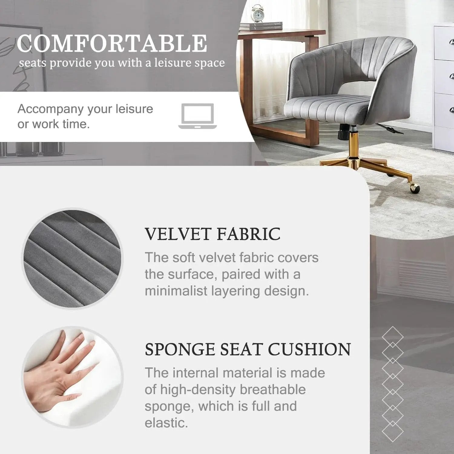 Grey Velvet Home Office Chair With 360 Swivel And Gold Base from PriceLows™