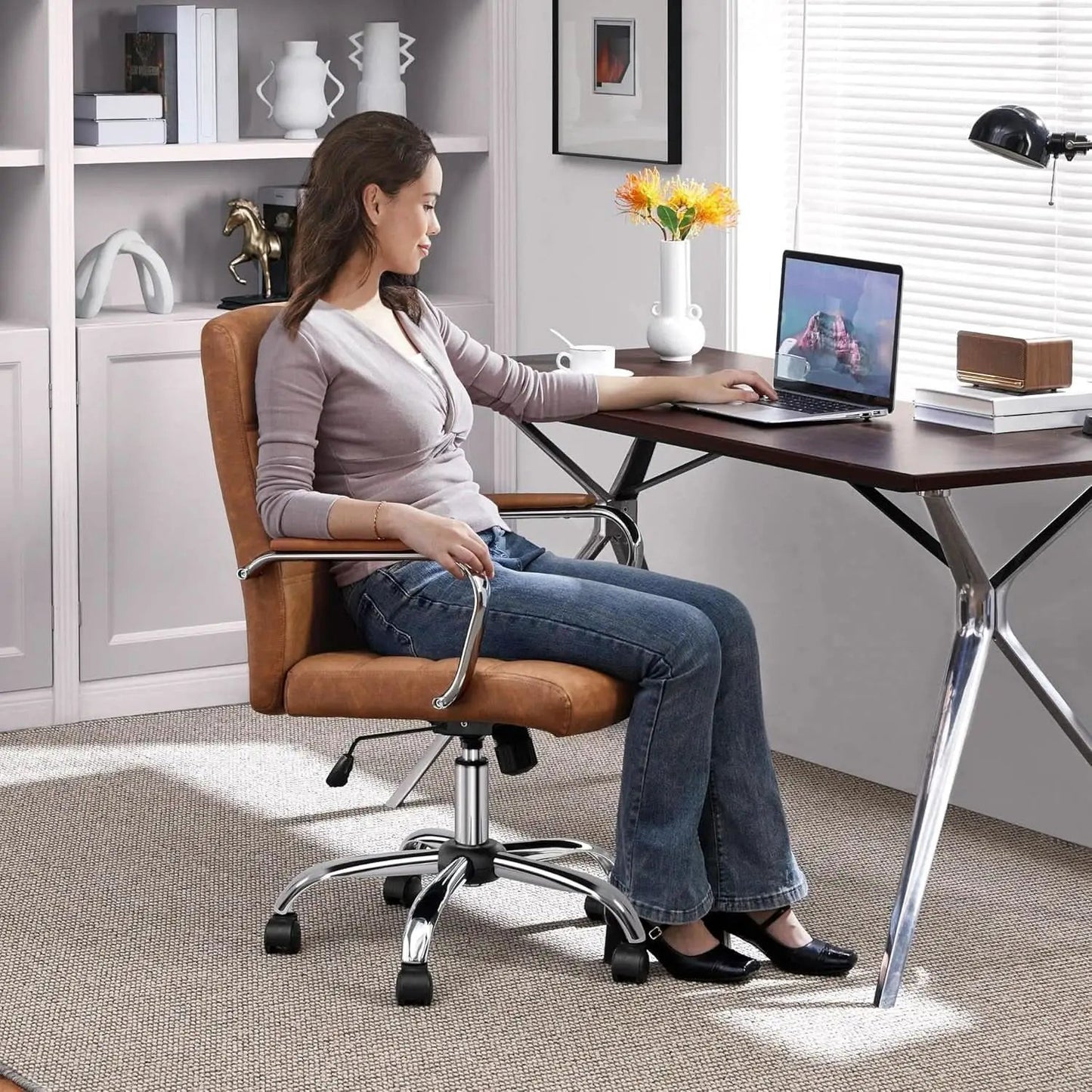 Mid Back Office Chair With Arms Brown Height Adjustable from PriceLows™