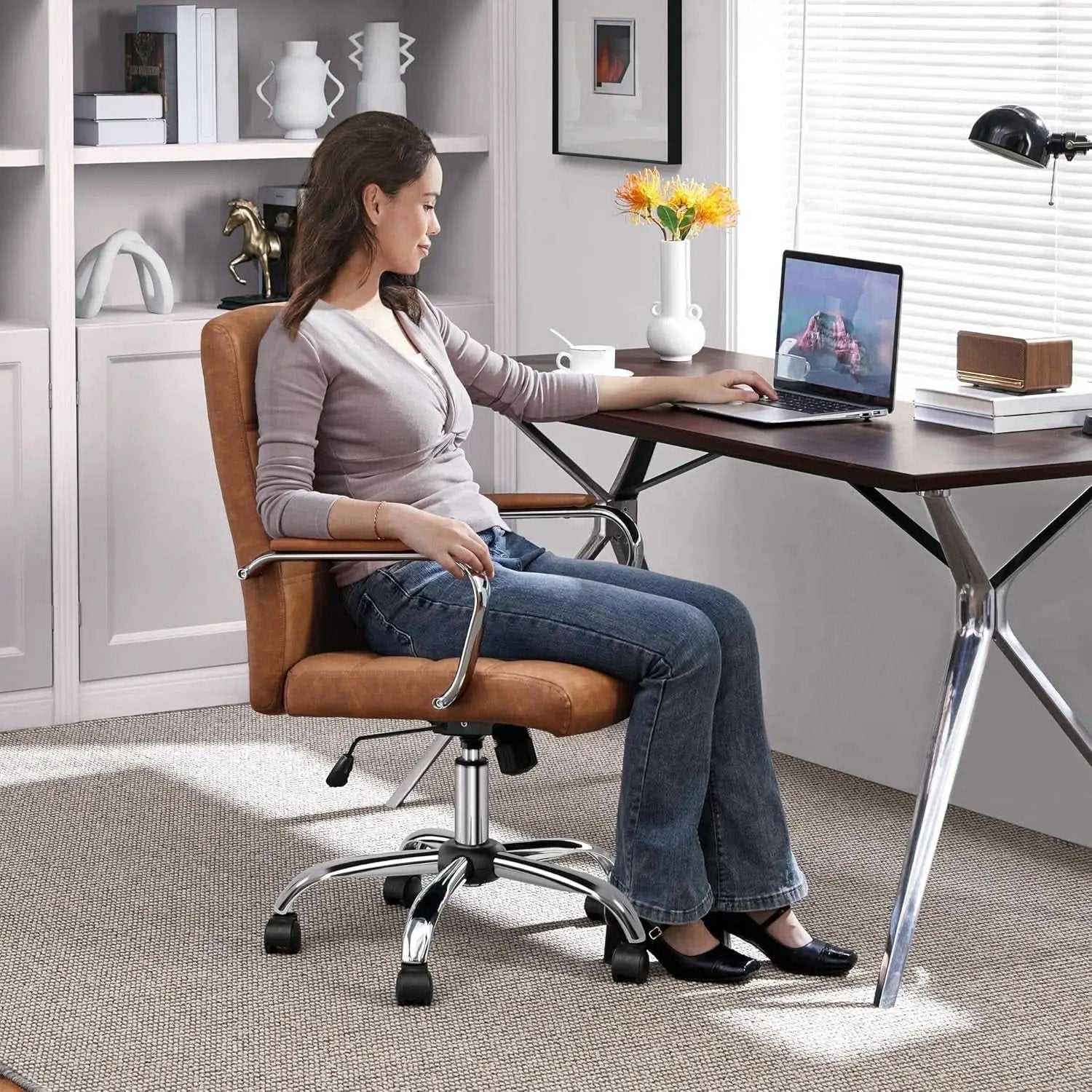 Mid Back Office Chair With Arms Brown Height Adjustable from PriceLows™