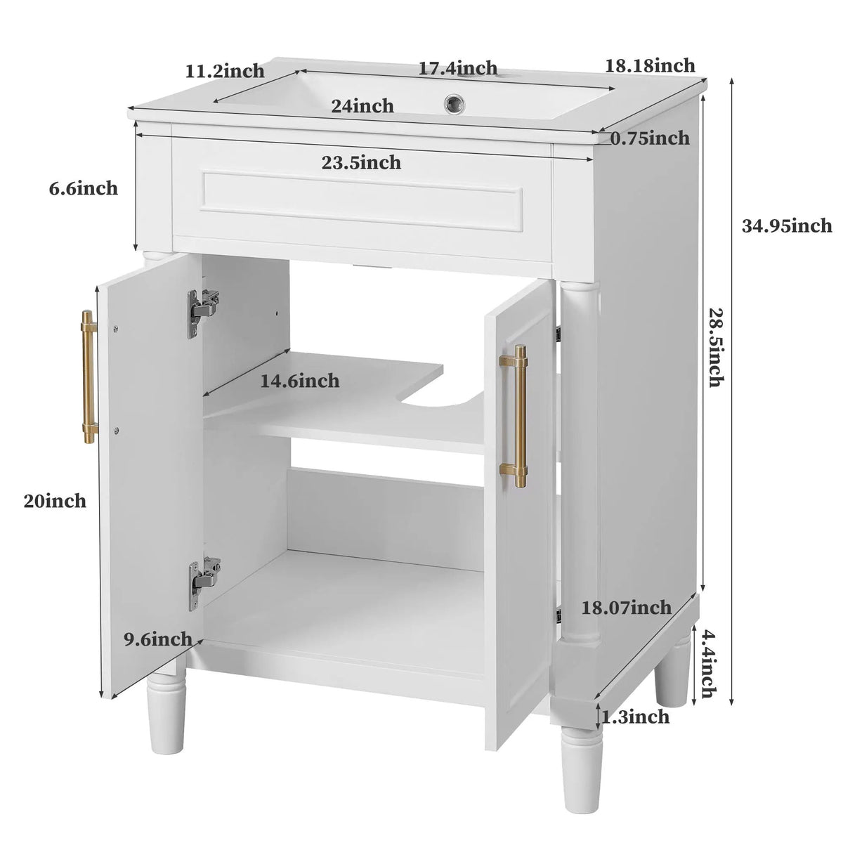 24 Inch Bathroom Vanity | Integrated Sink | 2 Door Cabinet | Small To Medium Bathrooms