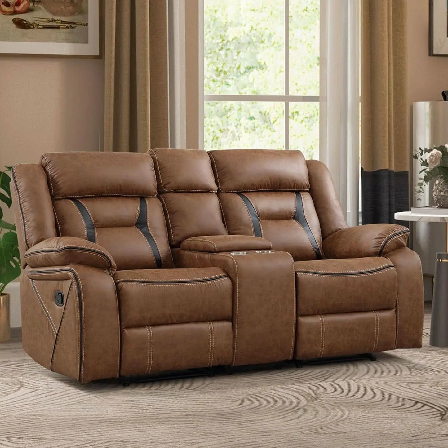 Brown Faux Leather Loveseat Dual Recliners Center Console from PriceLows™