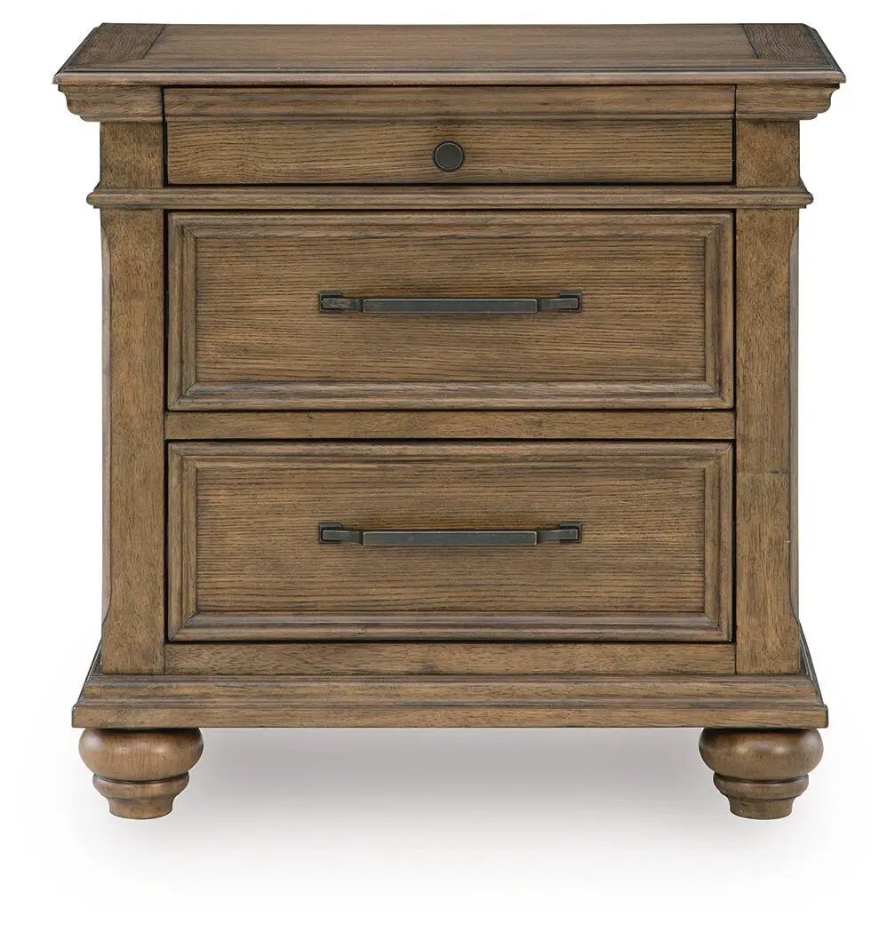 Karallin Three Drawer Nightstand | Medium Brown Finish | Oak Veneer | Lined Top Drawer