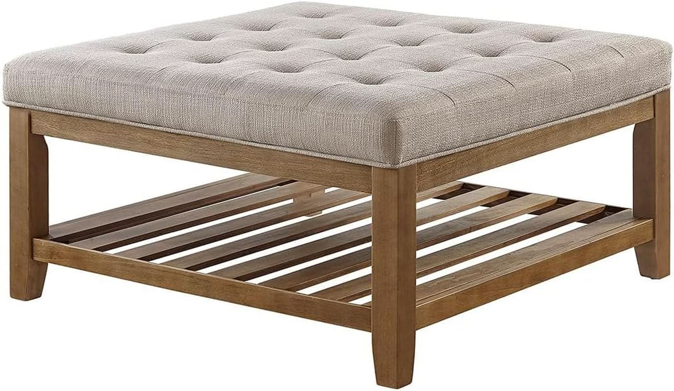 Large Upholstered Tufted Linen Ottoman Coffee Table from PriceLows™