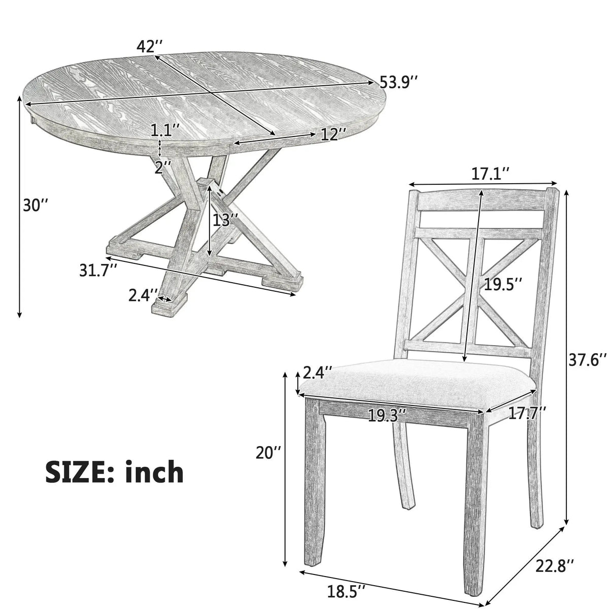 Dining Set | Extendable Round Table | 4 Upholstered Chairs | Linen